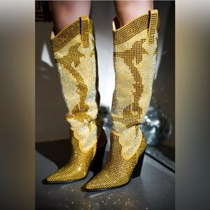 Western Rhinestone Embelished Knee High Boots. Gold Gemstone Studded Iridescent